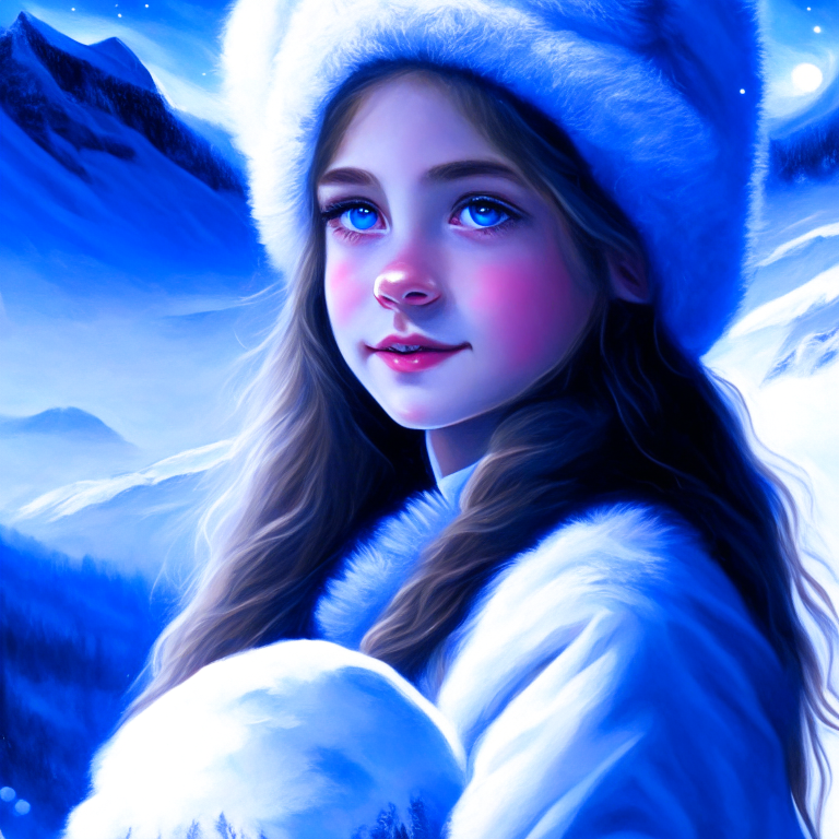 Young girl on a snowy mountain slope, a snowball in her hands, blue eyes,
perfect moon lighting, perfect anatomy, soft light, soft glow, beautiful face, interesting pose, fluffy hat, soft smile, digital painting, high quality, by IrinaKapi. Danube school, handsome