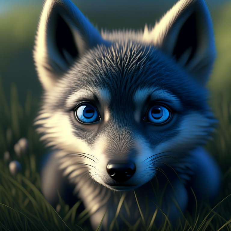 the most adorable baby wolf on the meadow with sad eyes. Lonely baby, sad feeling, 8k, big eyes, symetric eyes and face, cute big circular reflective eyes, Pixar render, unreal engine cinematic smooth, intricate detail. Royal blue, detailed skin texture, video still, portait, octane render