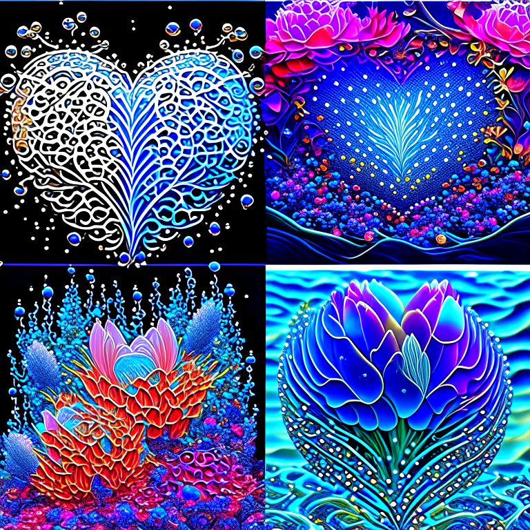 embossed amazing generative Imaginary  3d Sparkling waves colourfully abstract fantasy illustrations fractals bring fish rose heart and tulips and Lilly IN the water  and fly bee Creations NFTs 21 Dimensional Paintings created in Layers of dewdrops and diamonds by Kenglye /