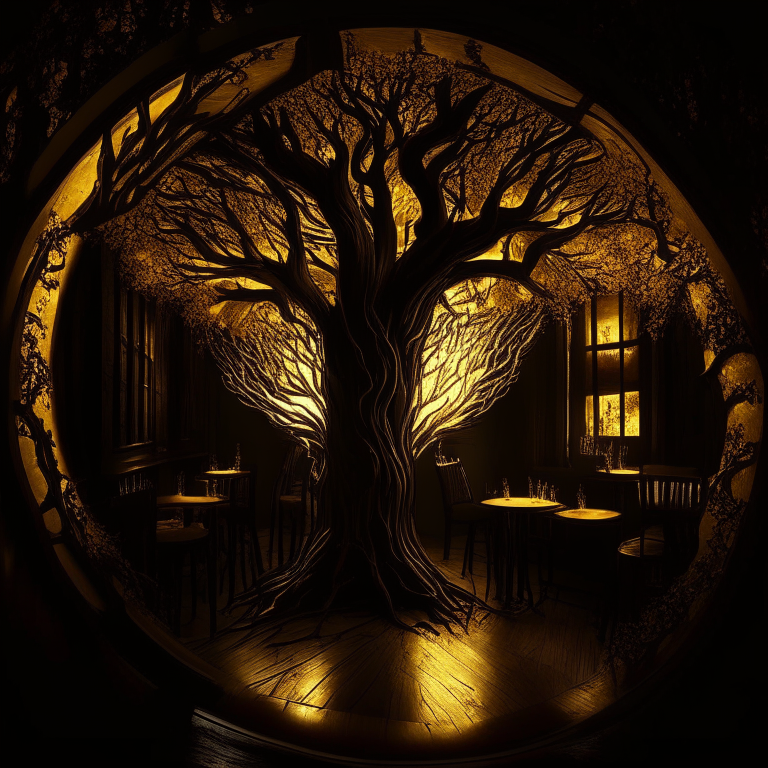 Nether portal, trees inside a fancy pub, black and gold tone, asstigmatism light effect