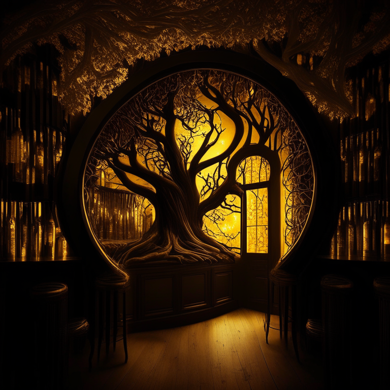 Nether portal, trees inside a fancy pub,drink shelf black and gold tone, asstigmatism light effect