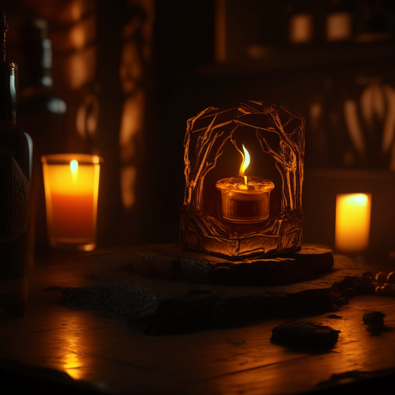 Nether portal model on the counter of a bar with booze, candle light, black gold, photo 35mm, photorealistic