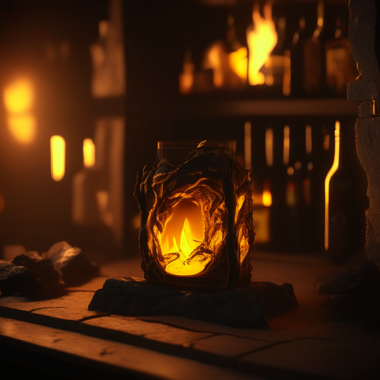 Black Rock nether portal model, on the counter of a bar with booze, candle light, black gold, photo 35mm, photorealistic, sunny daytime