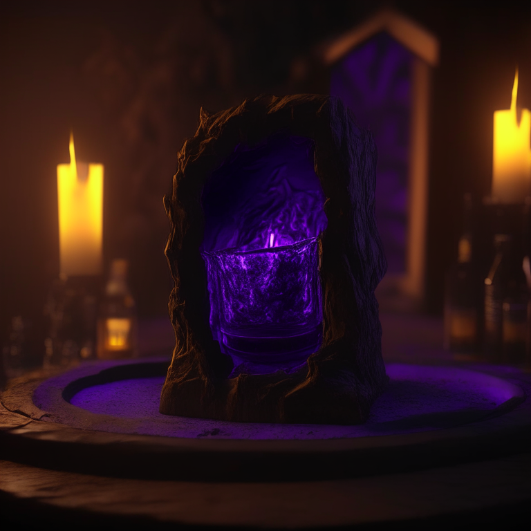 Black Rock nether portal model, purple portal texture, 
on the counter of a bar with booze, candle light, black gold, photo 35mm, photorealistic, sunny daytime