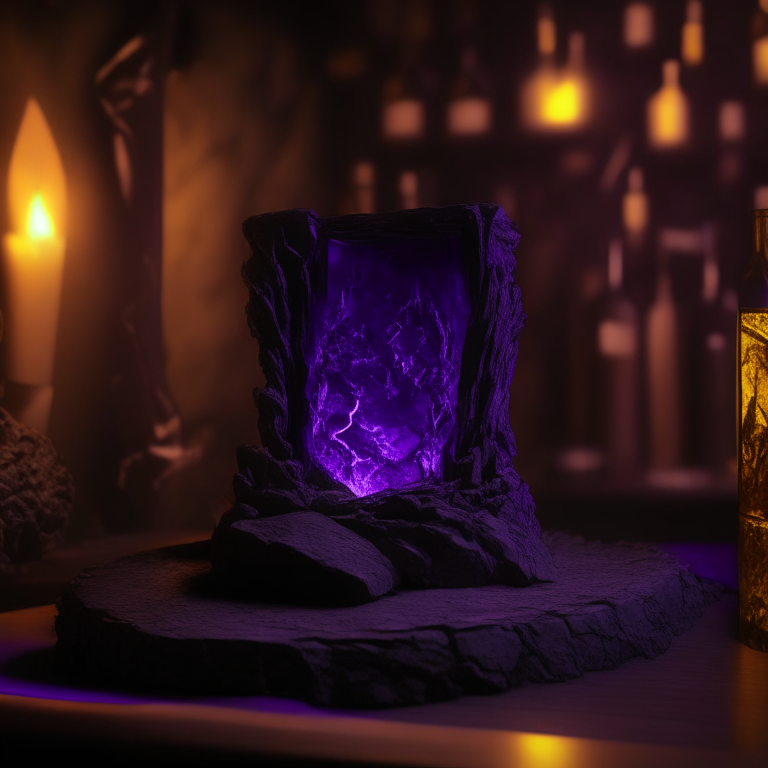 Black Rock nether portal model, purple portal texture, 
on the counter of a bar with booze, candle light, black gold, photo 35mm, photorealistic, sunny daytime