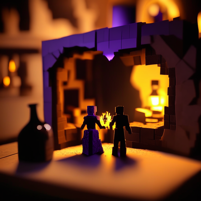 Black Rock nether portal model, purple portal texture, 
on the counter of a bar with booze, candle light, black gold, photo 35mm, photorealistic, sunny daytime, cardboard Minecraft people cutouts superimposed into the foreground minimalistic design