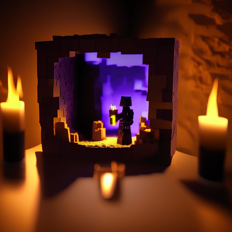 Black Rock nether portal model, purple portal texture, 
on the counter of a bar with booze, candle light, black gold, photo 35mm, photorealistic, sunny daytime, cardboard Minecraft people cutouts superimposed into the foreground minimalistic design