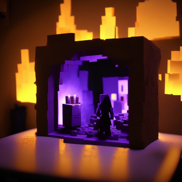 Black Rock nether portal model, purple portal texture, 
on the counter of a bar with booze, candle light, black gold, photo 35mm, photorealistic, sunny daytime, cardboard Minecraft people cutouts superimposed into the foreground minimalistic design