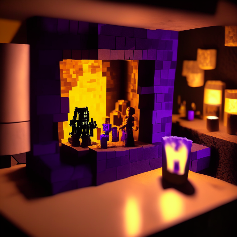 Black Rock nether portal model, purple portal texture, 
on the counter of a bar with booze, candle light, black gold, photo 35mm, photorealistic, sunny daytime, cardboard Minecraft people cutouts superimposed into the foreground minimalistic design