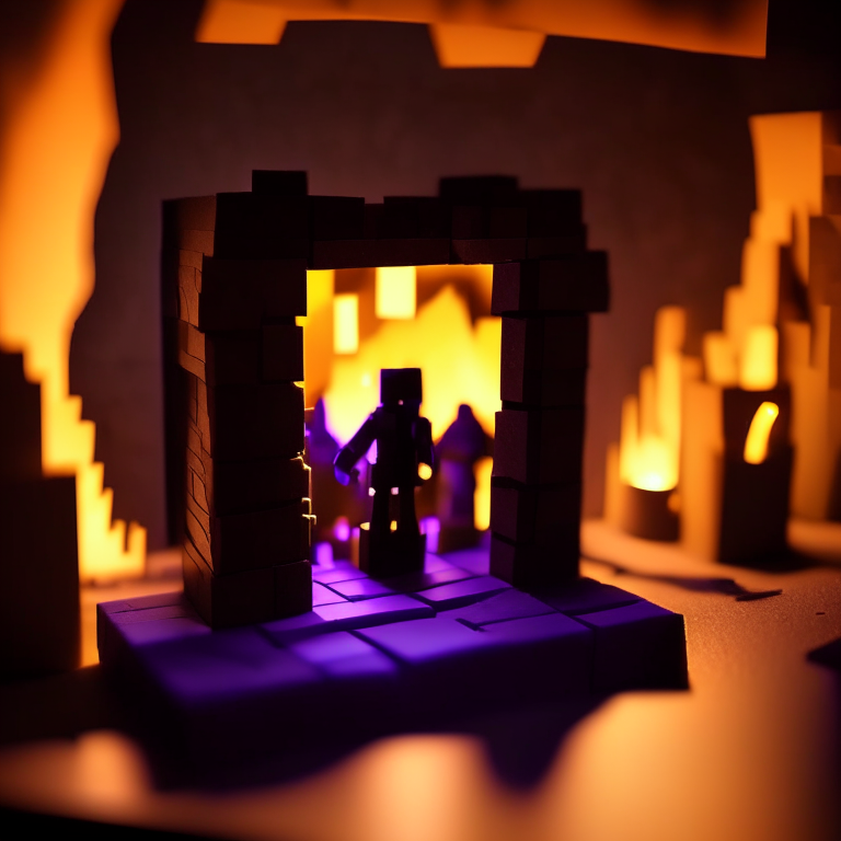 Black Rock nether portal model, purple portal texture, 
on the counter of a bar with booze, candle light, black gold, photo 35mm, photorealistic, sunny daytime, cardboard Minecraft people cutouts superimposed into the foreground minimalistic design