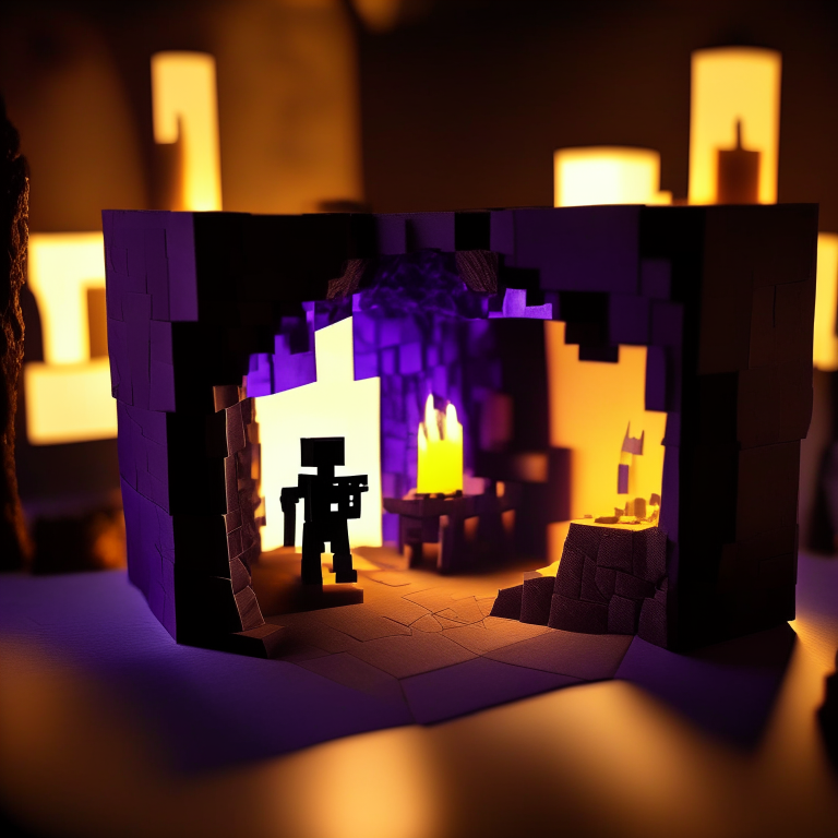 Black Rock nether portal model, purple portal texture, 
on the counter of a bar with booze, candle light, black gold, photo 35mm, photorealistic, sunny daytime, cardboard Minecraft people cutouts superimposed into the foreground minimalistic design