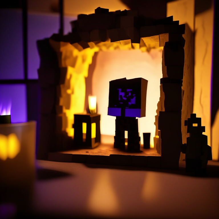 Black Rock nether portal model, purple portal texture, 
on the counter of a bar with booze, candle light, black gold, photo 35mm, photorealistic, sunny daytime, cardboard Minecraft people cutouts superimposed into the foreground minimalistic design