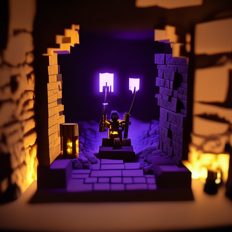 Black Rock nether portal model, purple portal texture, 
on the counter of a bar with booze, candle light, black gold, photo 35mm, photorealistic, sunny daytime, cardboard Minecraft people cutouts superimposed into the foreground minimalistic design with a sword and shield  or a pick axe