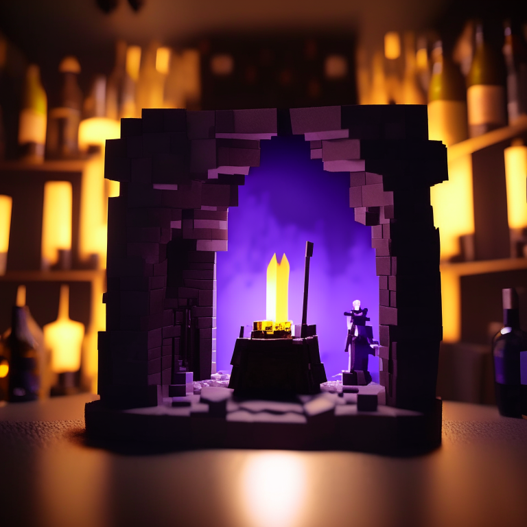 Black Rock nether portal model, purple portal texture, 
on the counter of a bar with booze, candle light, black gold, photo 35mm, photorealistic, sunny daytime, cardboard Minecraft people cutouts superimposed into the foreground minimalistic design with a sword and shield  or a pick axe