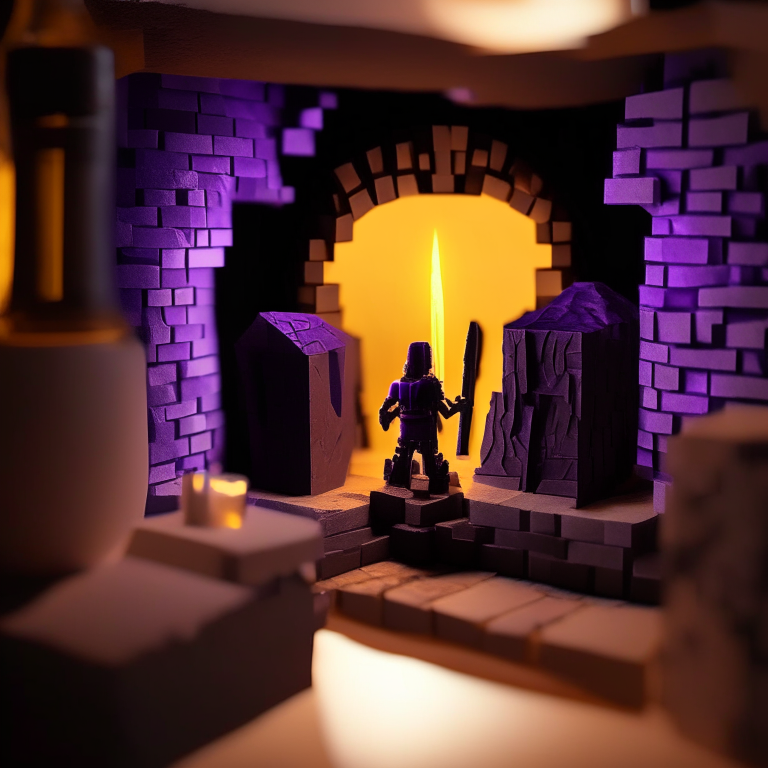 Black Rock nether portal model, purple portal texture, 
on the counter of a bar with booze, candle light, black gold, photo 35mm, photorealistic, sunny daytime, cardboard Minecraft people cutouts superimposed into the foreground minimalistic design with a sword and shield  or a pick axe