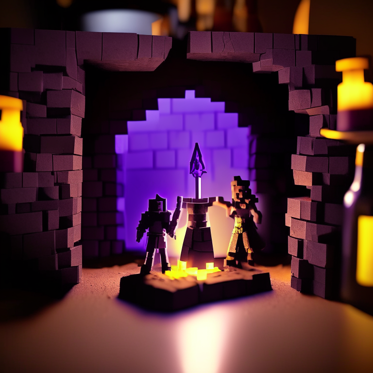 Black Rock nether portal model, purple portal texture, 
on the counter of a bar with booze, candle light, black gold, photo 35mm, photorealistic, sunny daytime, cardboard Minecraft people cutouts superimposed into the foreground minimalistic design with a sword and shield  or a pick axe