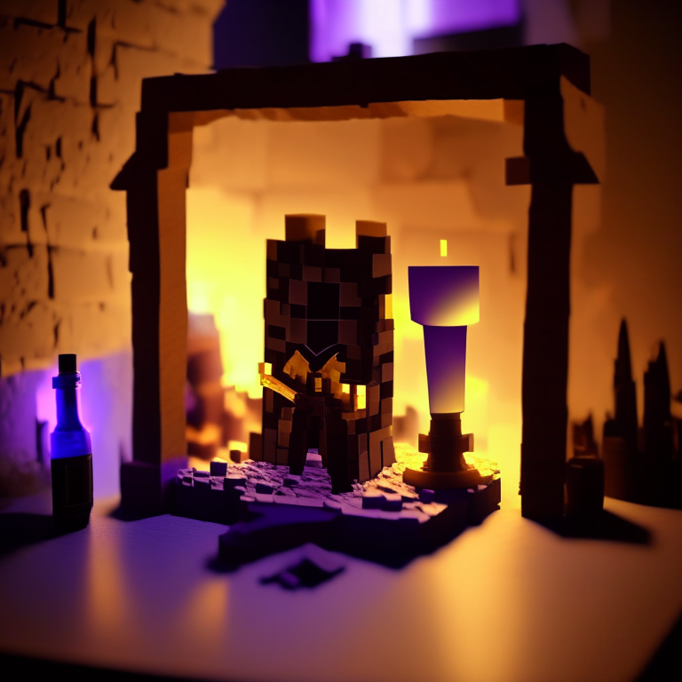 Black Rock nether portal model, purple portal texture, 
on the counter of a bar with booze, candle light, black gold, photo 35mm, photorealistic, sunny daytime, cardboard Minecraft people cutouts superimposed into the foreground minimalistic design with a sword and shield  or a pick axe