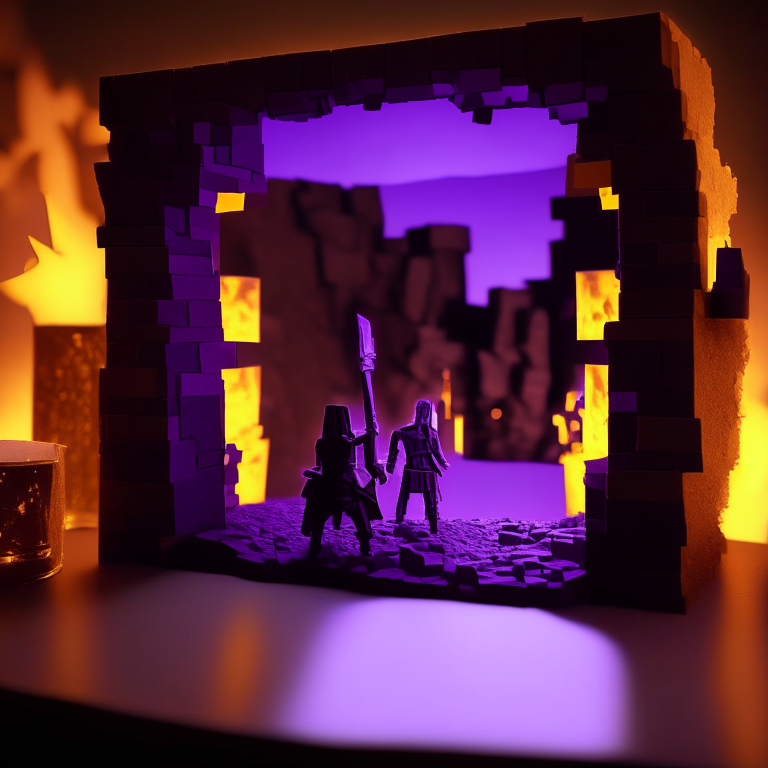 Black Rock nether portal model, purple portal texture, 
on the counter of a bar with booze, candle light, black gold, photo 35mm, photorealistic, sunny daytime, cardboard Minecraft people cutouts superimposed into the foreground minimalistic design with a sword and shield  or a pick axe