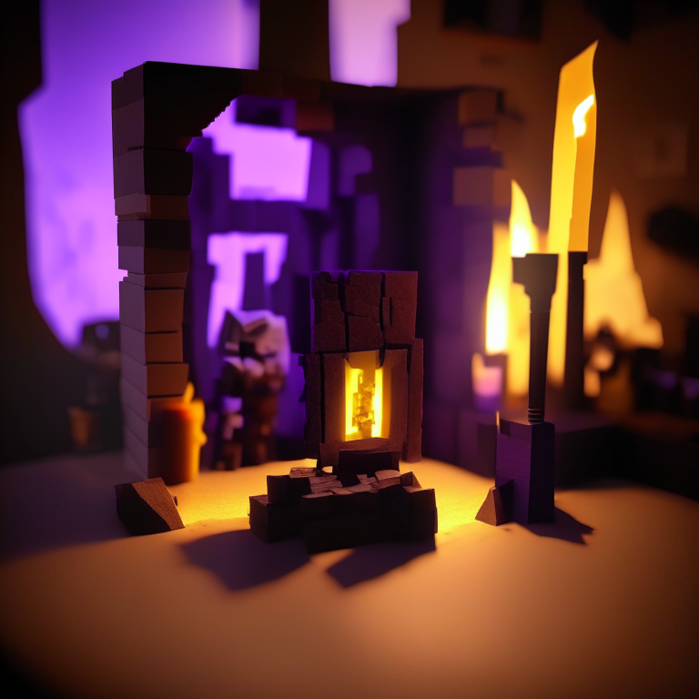 Black Rock nether portal model, purple portal texture, 
on the counter of a bar with booze, candle light, black gold, photo 35mm, photorealistic, sunny daytime, cardboard Minecraft people cutouts superimposed into the foreground minimalistic design with a sword and shield  or a pick axe