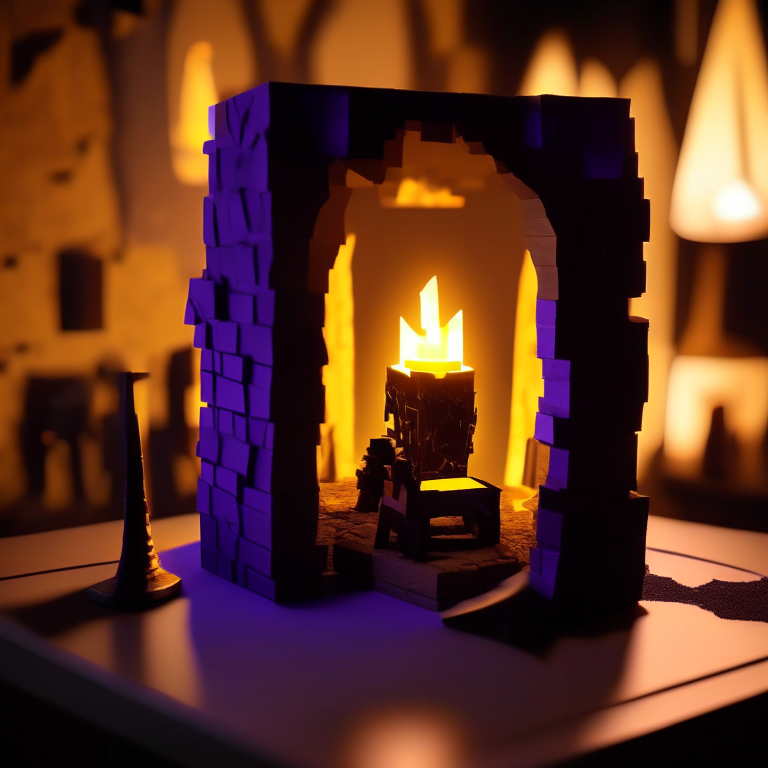 Black Rock nether portal model, purple portal texture, 
on the counter of a bar with booze, candle light, black gold, photo 35mm, photorealistic, sunny daytime, cardboard Minecraft people cutouts superimposed into the foreground minimalistic design with a sword and shield  or a pick axe