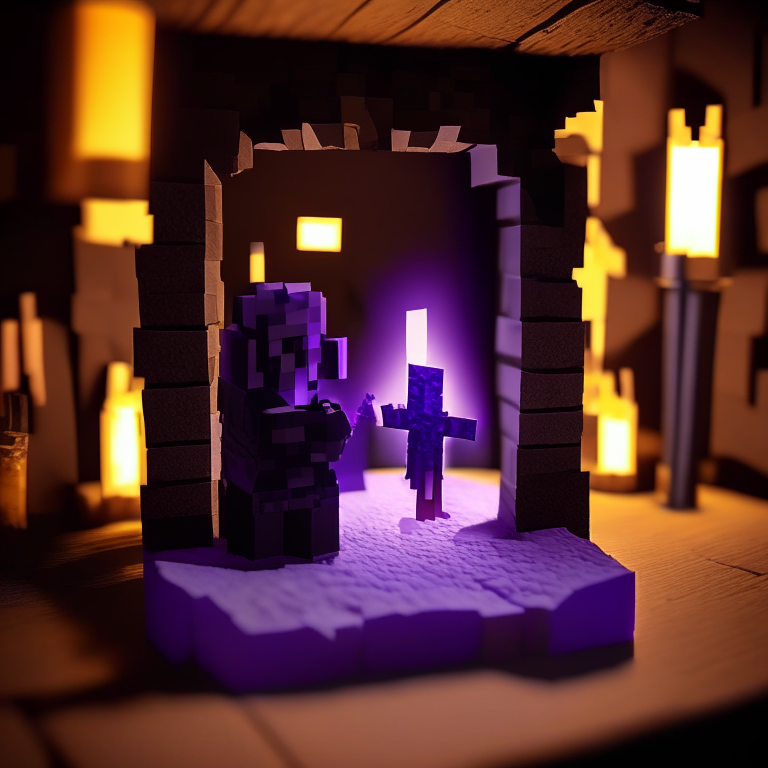 Black Rock nether portal model, purple portal texture, 
on the counter of a bar with booze, candle light, black gold, photo 35mm, photorealistic, sunny daytime, cardboard Minecraft people cutouts superimposed into the foreground minimalistic design with a sword and shield  or a pick axe