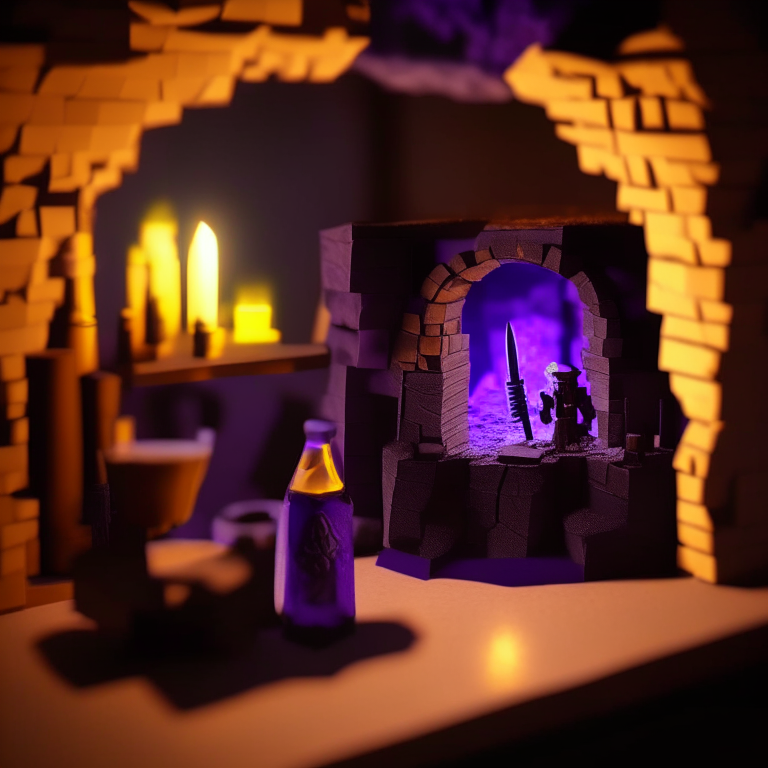 Black Rock nether portal model, purple portal texture, 
on the counter of a bar with booze, candle light, black gold, photo 35mm, photorealistic, sunny daytime, cardboard Minecraft people cutouts superimposed into the foreground minimalistic design with a sword and shield  or a pick axe