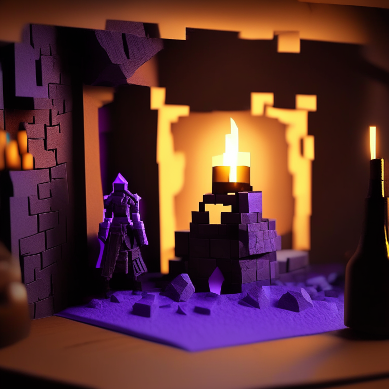 Black Rock nether portal model, purple portal texture, 
on the counter of a bar with booze, candle light, black gold, photo 35mm, photorealistic, sunny daytime, cardboard Minecraft people cutouts superimposed into the foreground minimalistic design with a sword and shield  or a pick axe