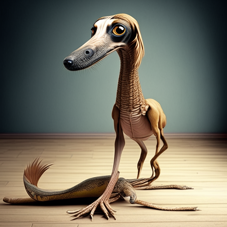 a dog with a snake face, fish tail, ostrich legs and wooden body