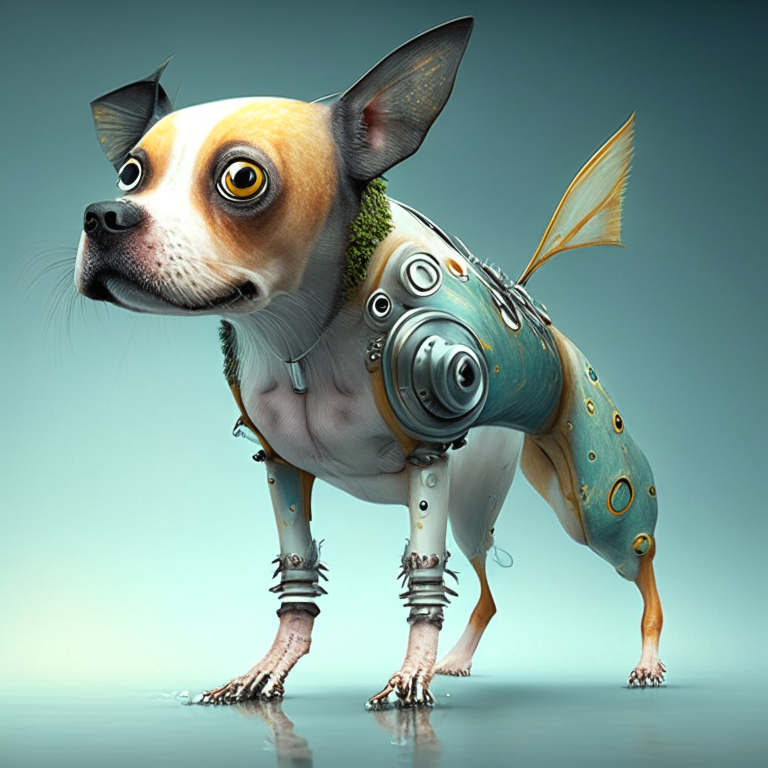 a beauty dog with a fish body and robot legs