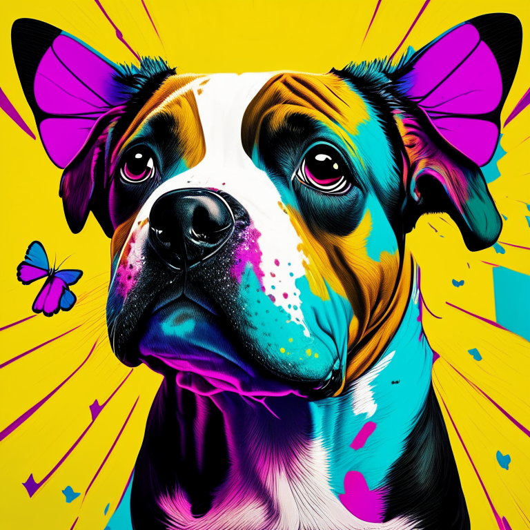 a dog with a colorful butterfly body in a pop art style