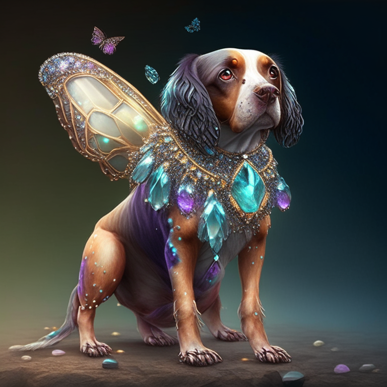 a dog with a butterfly body made of gemstones in a fantasy style