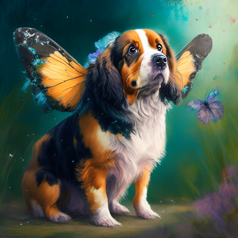 a dog with a butterfly body in an impressionist style