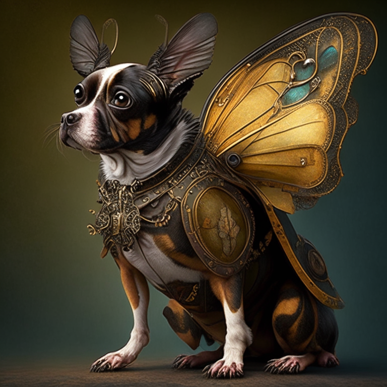 a dog with a butterfly body in a steampunk style