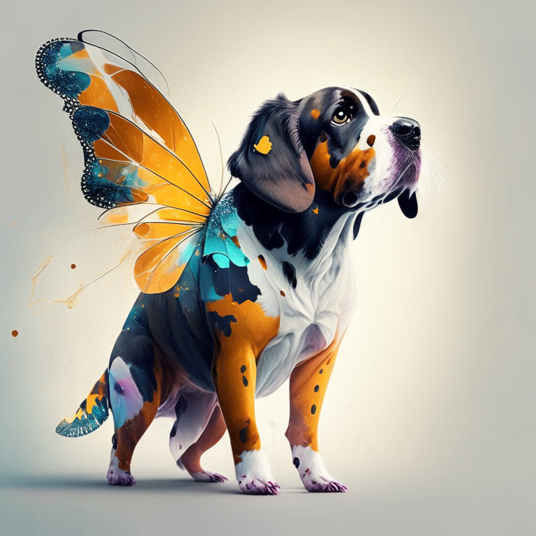 a dog with a butterfly body in an abstract style