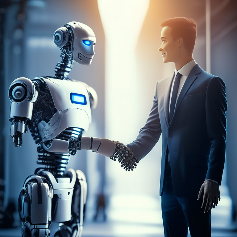 A humanoid robot (like the humanoid robot in the movie I, Robot) shaking hands with a
businessman. Both the humanoid robot and the businessman are smiling as though each one is
smarter than the other . However, both parties have their fingers
crossed behind them I prefer LIFELIKE
IMAGES/PHOTOS 