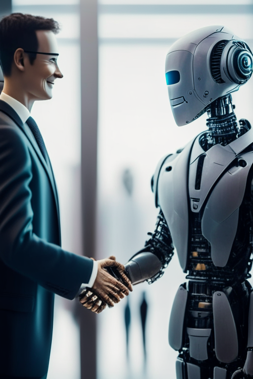 A humanoid robot (like the humanoid robot in the movie I, Robot) shaking hands with a
businessman. Both the humanoid robot and the businessman are smiling as though each one is
smarter than the other . However, both parties have their fingers
crossed behind them I prefer LIFELIKE
IMAGES/PHOTOS 