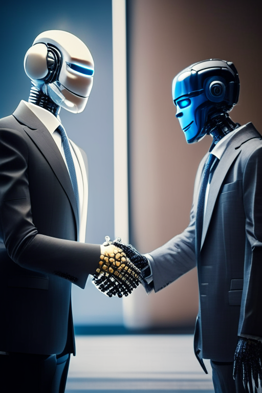 A humanoid robot (like the humanoid robot in the movie I, Robot) shaking hands with a
businessman. Both the humanoid robot and the businessman are smiling as though each one is
smarter than the other . However, both parties have their fingers
crossed behind them.
 I prefer LIFELIKE
IMAGES/PHOTOS 