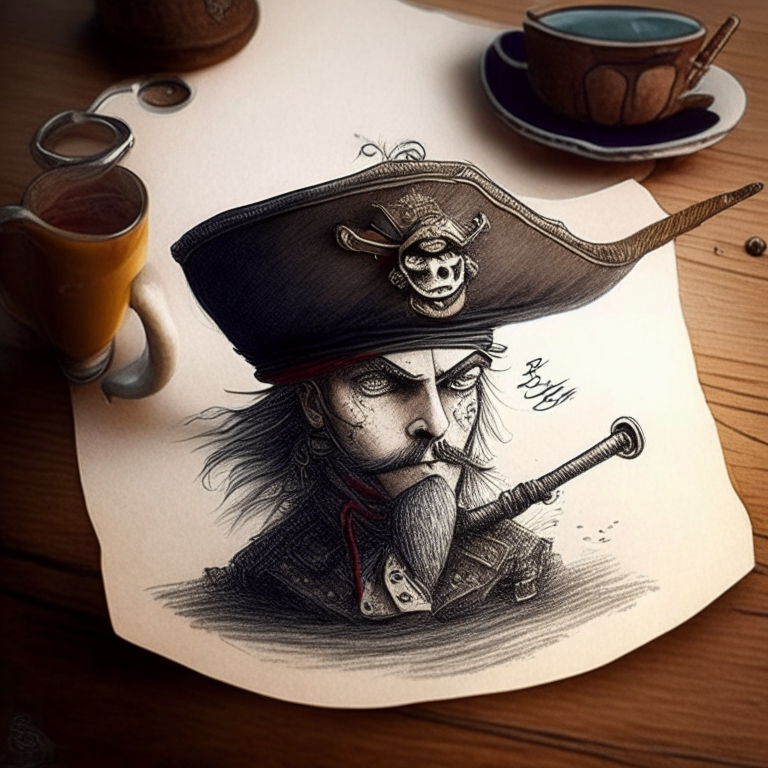 Un pirata con parche en el ojo, sombrero de pirata y una taza de té humeante en lugar de cabeza, dibujado a mano