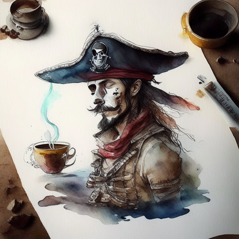 Un pirata esqueleto con un sombrero de pirata desgastado y una taza de té humeante en lugar de cráneo, estilo acuarela