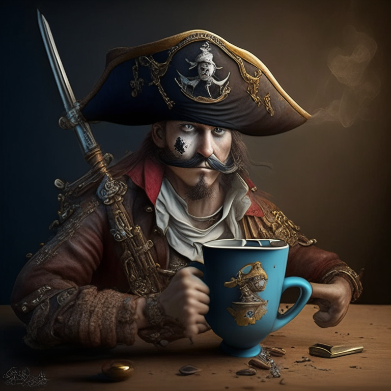 Un pirata delgado con pata de palo, espada, pistola y una fina taza de té humeante en lugar de cabeza, estilo realista a lápiz