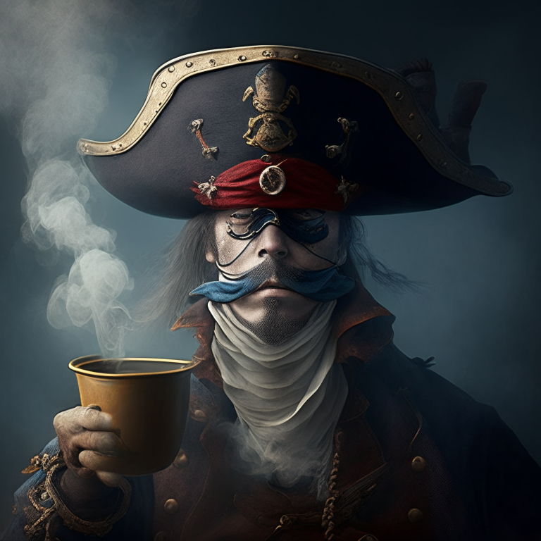 a pirate with an eye patch, tricorne hat and a steaming teacup instead of a head