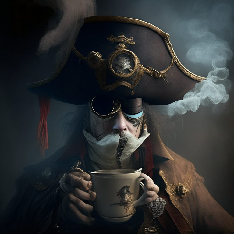 a pirate with an eye patch, tricorne hat and a steaming teacup instead of a head