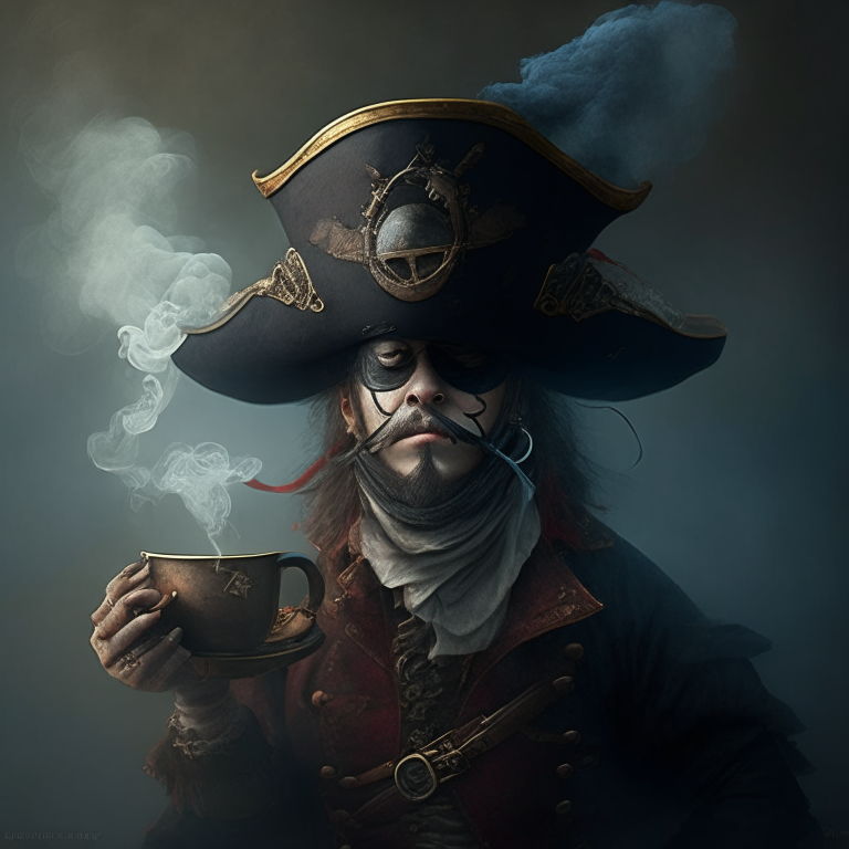 a pirate with an eye patch, tricorne hat and a steaming teacup instead of a head