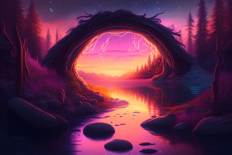 Nether portal zoomed out, by a stream and log cabin, stars, fantasy style, pastel, sunset,8k