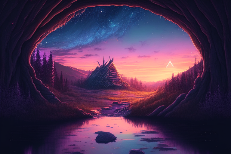 Distant Nether portal zoomed out, by a stream and log cabin, stars, fantasy style, pastel, sunset,8k