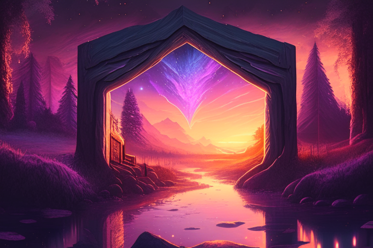 Rectangular Distant armored Nether portal zoomed out, by a stream and log cabin, stars, fantasy style, pastel, sunset,8k