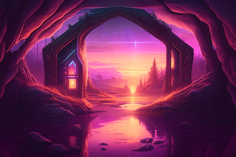 Rectangular Distant armored Nether portal zoomed out, by a stream and log cabin, stars, fantasy style, pastel, sunset,8k