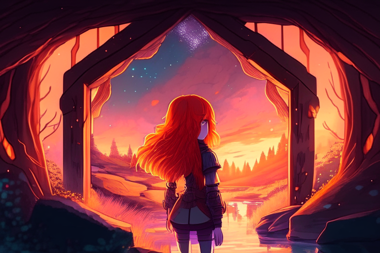 Rectangular Distant armored Nether portal zoomed out, by a stream and log cabin, stars, fantasy style, pastel, sunset,8k, ginger hair girl, orange hair anime women 38 years old