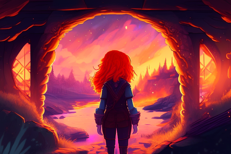 Rectangular Distant armored Nether portal zoomed out, by a stream and log cabin, stars, fantasy style, pastel, sunset,8k, ginger hair girl, orange hair anime women 38 years old