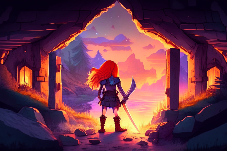 Rectangular Distant armored Nether portal zoomed out, by a stream and log cabin, stars, fantasy style, pastel, sunset,8k, ginger hair girl, orange hair anime women 38 years old, sword, shovel, pickaxe, axe, shield, weapons, armorstand.